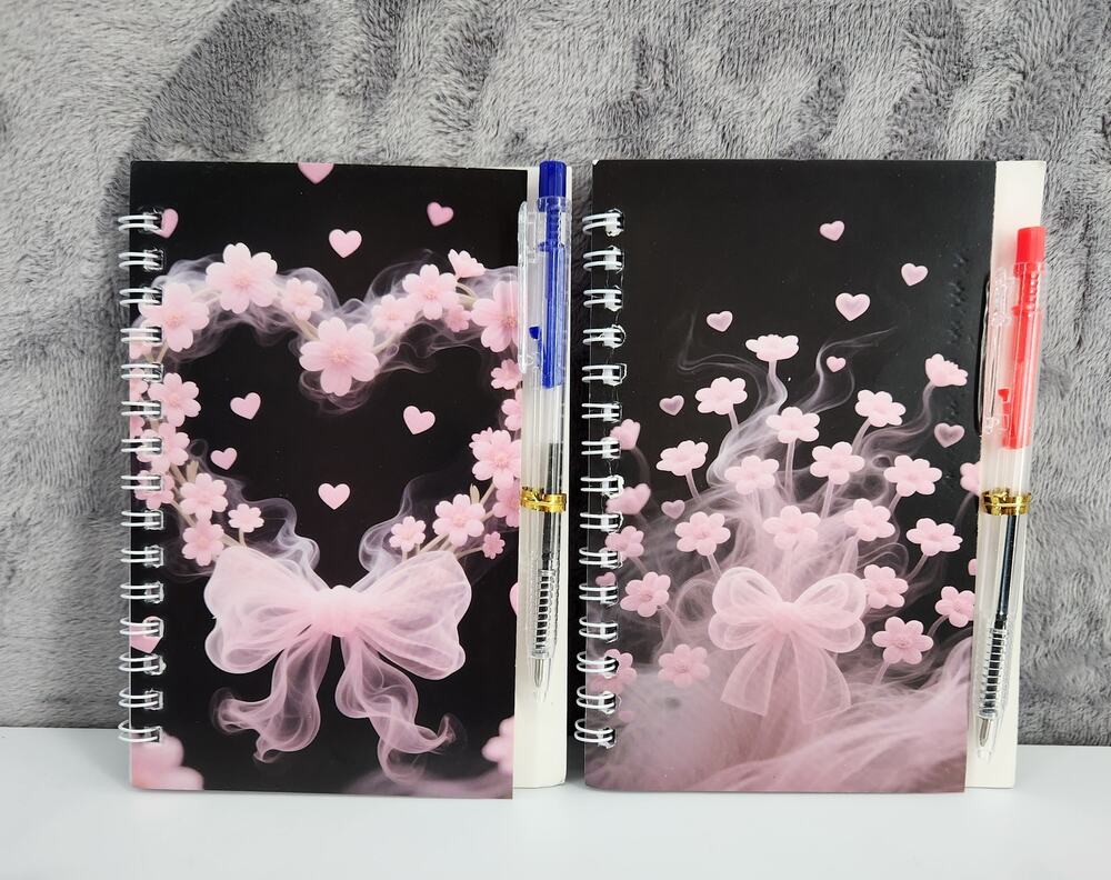 2 Spiral Pocket Notebook/Pen sets Bow Designs 4x5.5" Small Journal or Diary